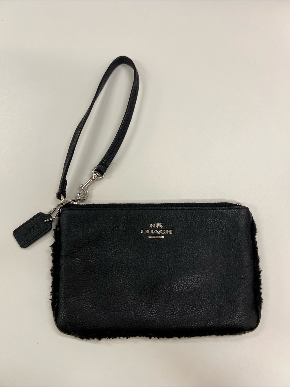 Coach BP Shearling Corner Zip Edge Leather Wristlet